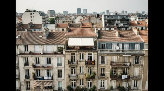 Vista aérea de edificios residenciales con balcones en centro histórico urbano mezclando propiedades tradicionales y turísticas