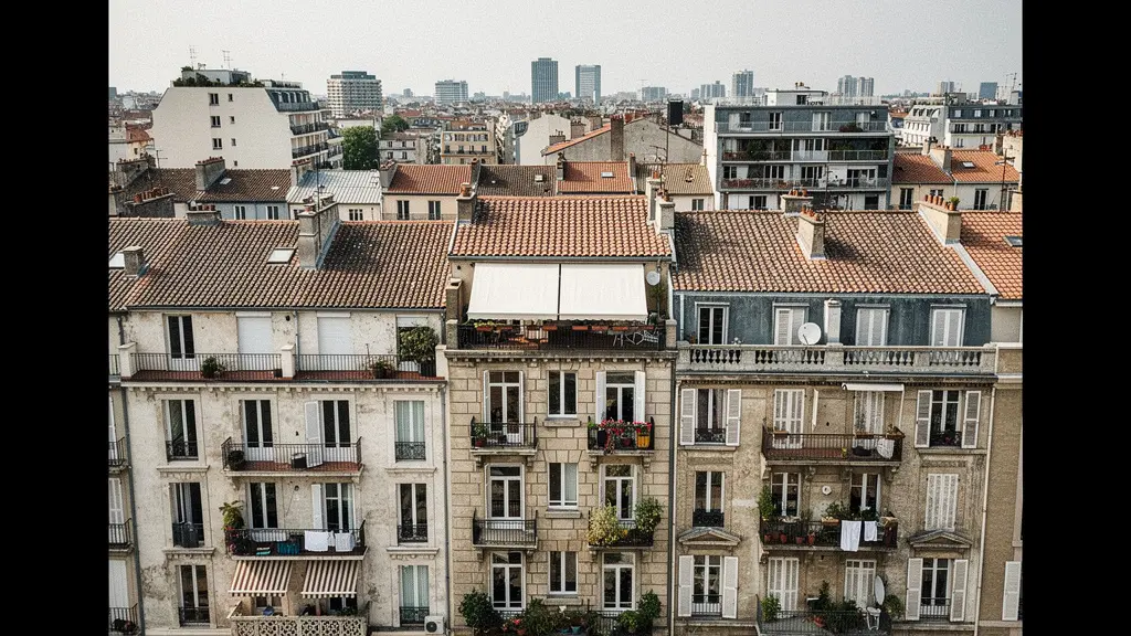 Vista aérea de edificios residenciales con balcones en centro histórico urbano mezclando propiedades tradicionales y turísticas