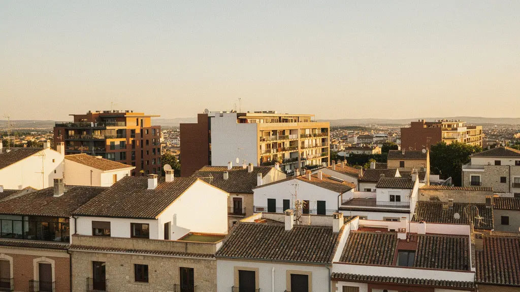 Vista panorámica de edificios residenciales modernos y clásicos en España con cielo dorado al atardecer