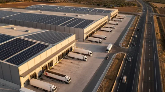 Vista aérea de un moderno parque logístico con naves industriales y camiones en movimiento en España