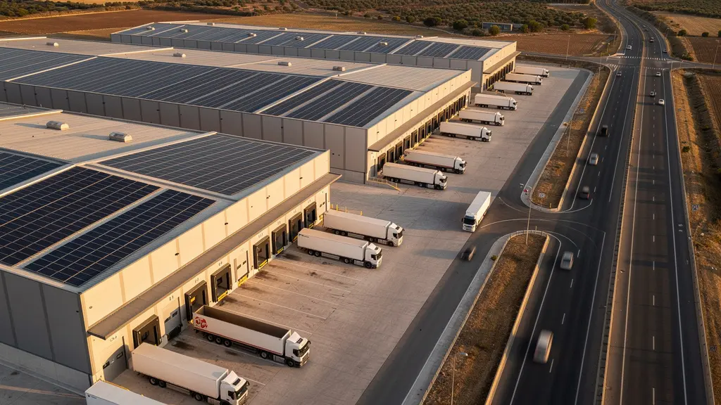 Vista aérea de un moderno parque logístico con naves industriales y camiones en movimiento en España
