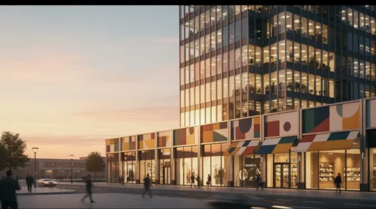 Vista panorámica de distrito comercial con locales modernos y oficinas en zona prime