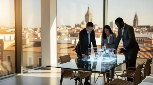 Inversores profesionales analizando datos de SOCIMIs en una oficina moderna con vista a la ciudad