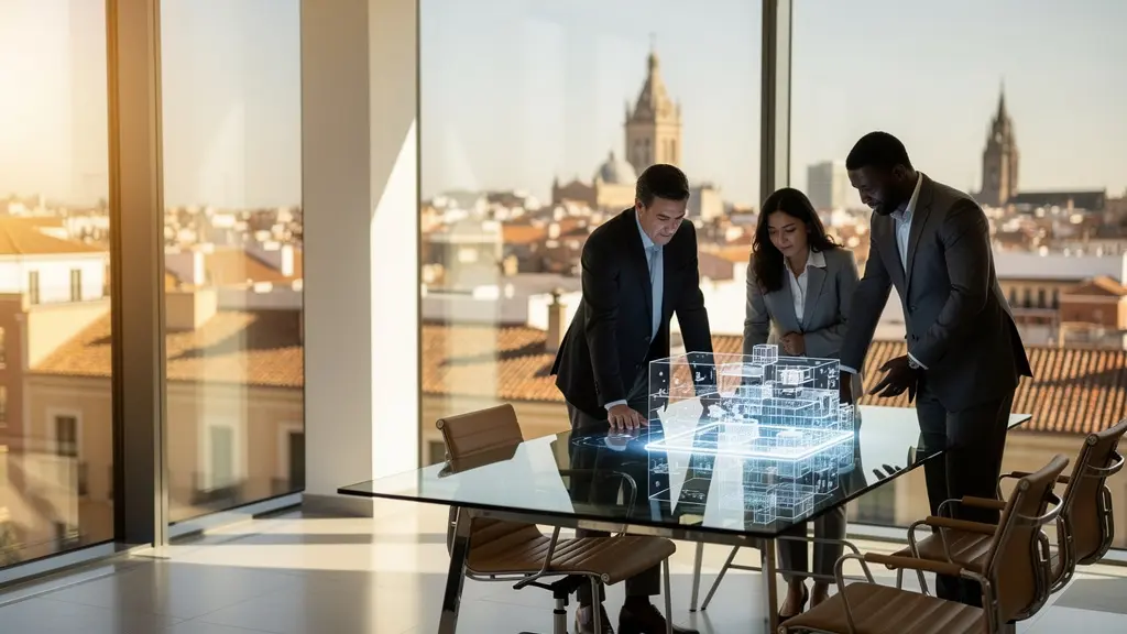 Inversores profesionales analizando datos de SOCIMIs en una oficina moderna con vista a la ciudad