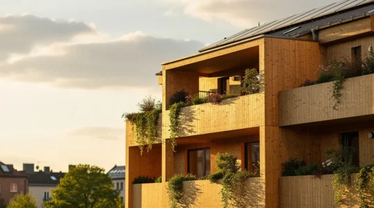 Vista de edificio moderno de madera laminada CLT con estructura visible y vegetación integrada