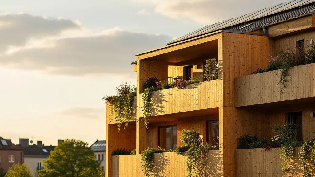 Vista de edificio moderno de madera laminada CLT con estructura visible y vegetación integrada