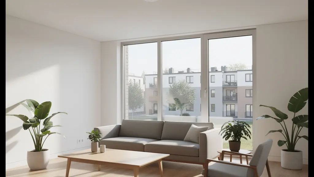 Dispositivo sensor de ruido discreto instalado en techo de salón con ambiente residencial tranquilo