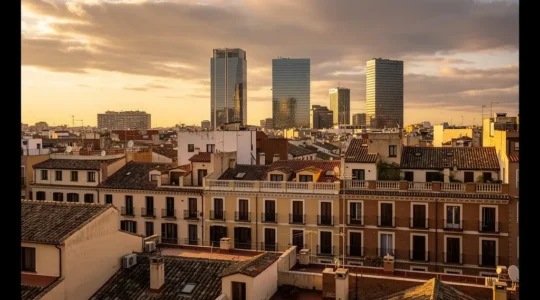 Vista panorámica del skyline de Madrid con edificios residenciales modernos y tradicionales mezclados, mostrando la diversidad del mercado inmobiliario español