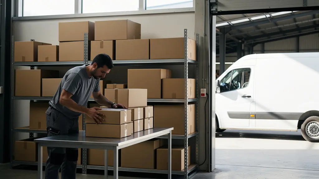 Interior de micro-nave logística urbana con furgonetas eléctricas y sistema de clasificación de paquetes