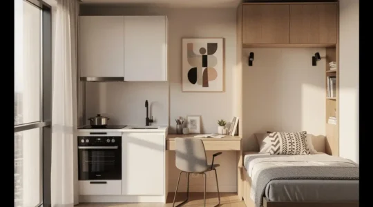 Interior moderno de microapartamento para estudiantes con mobiliario multifuncional y decoración minimalista optimizando 25 metros cuadrados