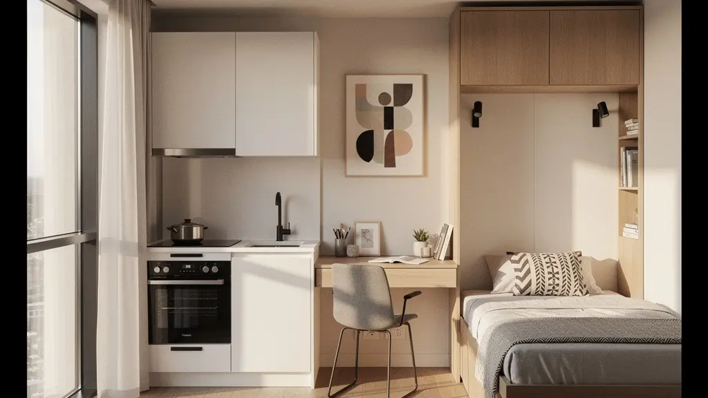 Interior moderno de microapartamento para estudiantes con mobiliario multifuncional y decoración minimalista optimizando 25 metros cuadrados
