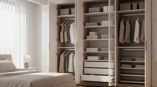 Vista detallada de armario empotrado personalizado con sistema modular de almacenamiento optimizado