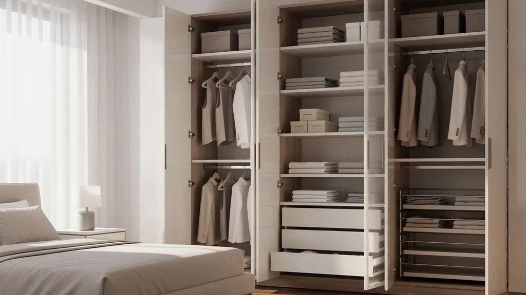 Vista detallada de armario empotrado personalizado con sistema modular de almacenamiento optimizado