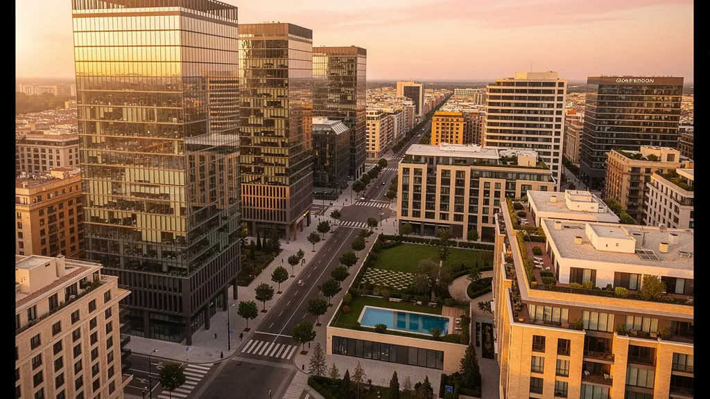 Vista aérea de un distrito de negocios con modernos edificios corporativos y zonas residenciales de lujo integradas