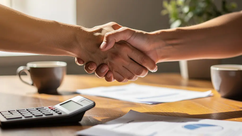 Manos estrechándose sobre mesa con documentos borrosos y calculadora