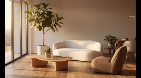 Salón minimalista con luz natural cálida, plantas y materiales naturales que promueven el bienestar