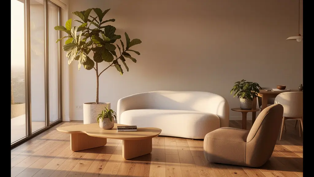 Salón minimalista con luz natural cálida, plantas y materiales naturales que promueven el bienestar