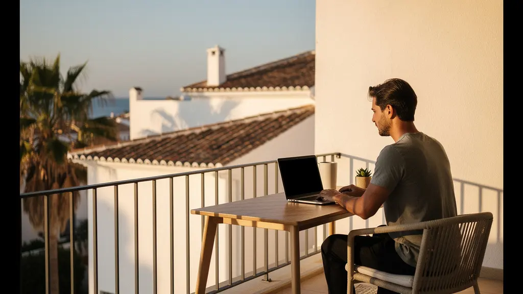 Nómada digital trabajando desde un balcón con vista al Mediterráneo en España