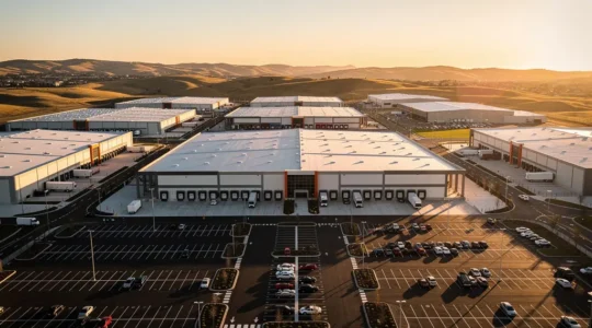 Vista aérea de un moderno parque comercial y complejo logístico al atardecer con espacios de estacionamiento y múltiples naves