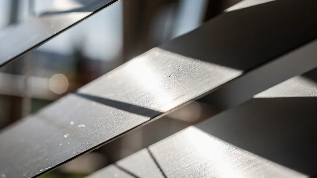 Vista macro detallada de lamas de persiana motorizada de aluminio con luz solar filtrándose, mostrando texturas metálicas y sombras geométricas