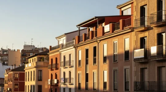 Vista panorámica de edificios residenciales con carteles de servicers inmobiliarios en perspectiva urbana española