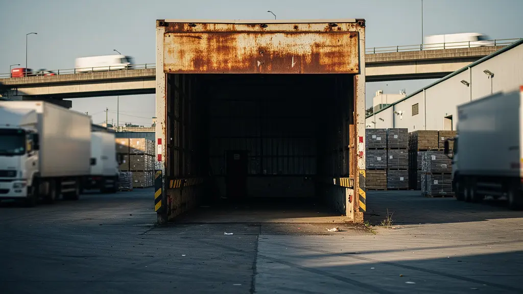 Polígono industrial con naves vacías al atardecer mostrando señales de abandono