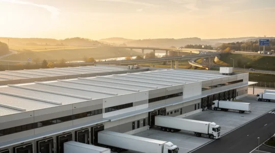 Vista aérea de moderna plataforma logística con naves industriales y camiones en movimiento al atardecer