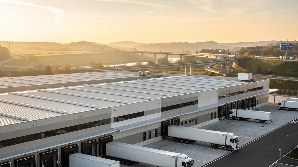 Vista aérea de moderna plataforma logística con naves industriales y camiones en movimiento al atardecer