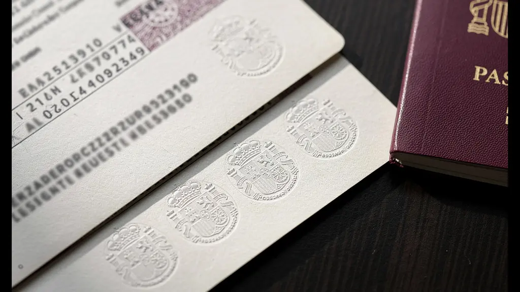 Mesa de trabajo con documentos oficiales y pasaporte español organizados profesionalmente