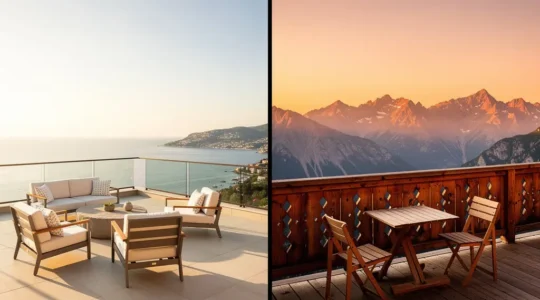 Vista dividida de apartamento costero y chalet de montaña como inversiones inmobiliarias