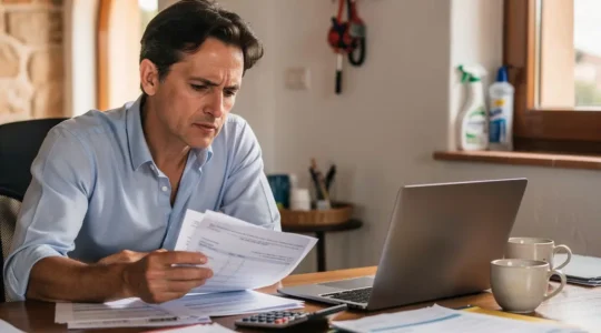 Propietario gestionando documentos fiscales de alquiler turístico con facturas y portátil