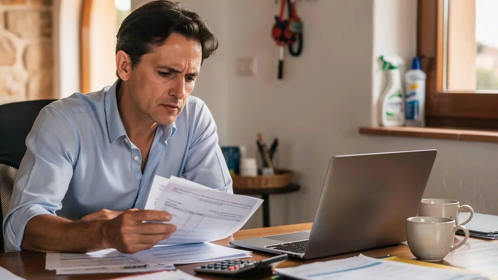 Propietario gestionando documentos fiscales de alquiler turístico con facturas y portátil