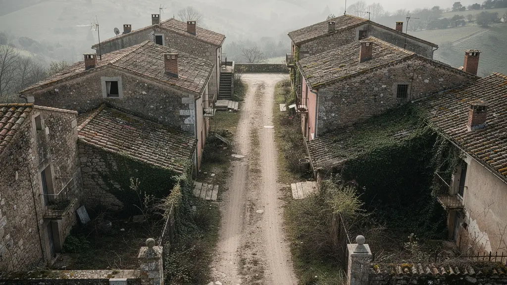 Vista aérea de pueblo rural español con casas vacías y calles desiertas bajo luz natural