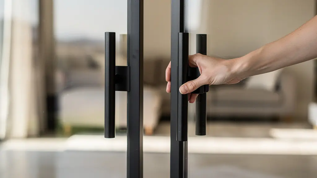 Puerta corredera de cristal con marco negro separando cocina y salón