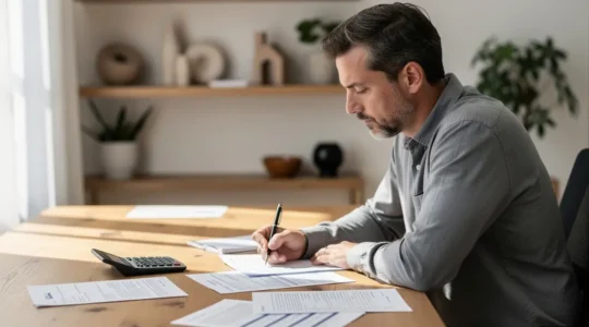 Profesional calculando ratio de endeudamiento para hipoteca con documentos y calculadora sobre escritorio