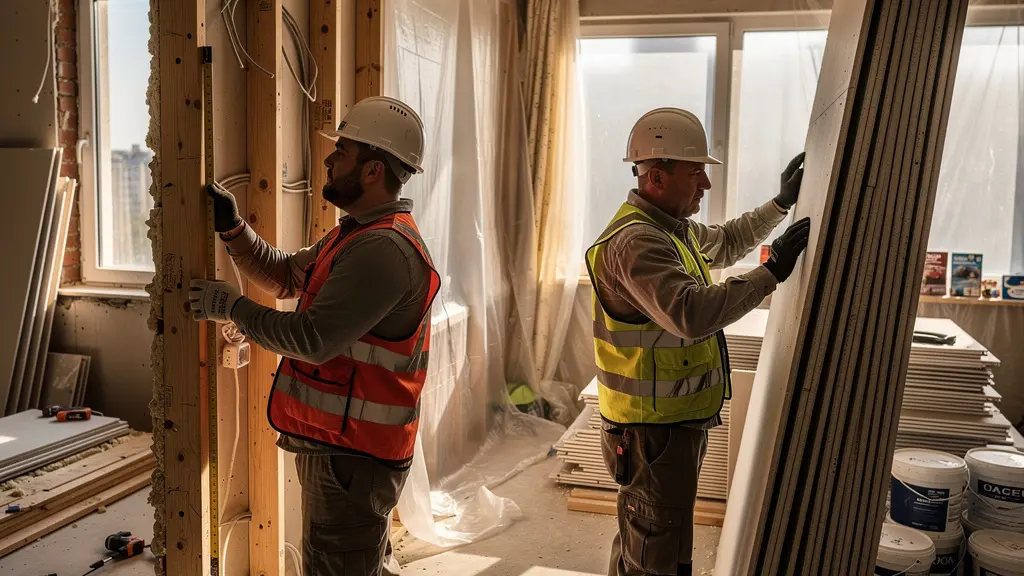 Vista amplia de piso en reforma con herramientas y materiales organizados