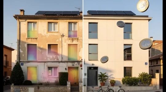 Edificio residencial español moderno con paneles solares y aislamiento térmico exterior que muestra la transformación energética