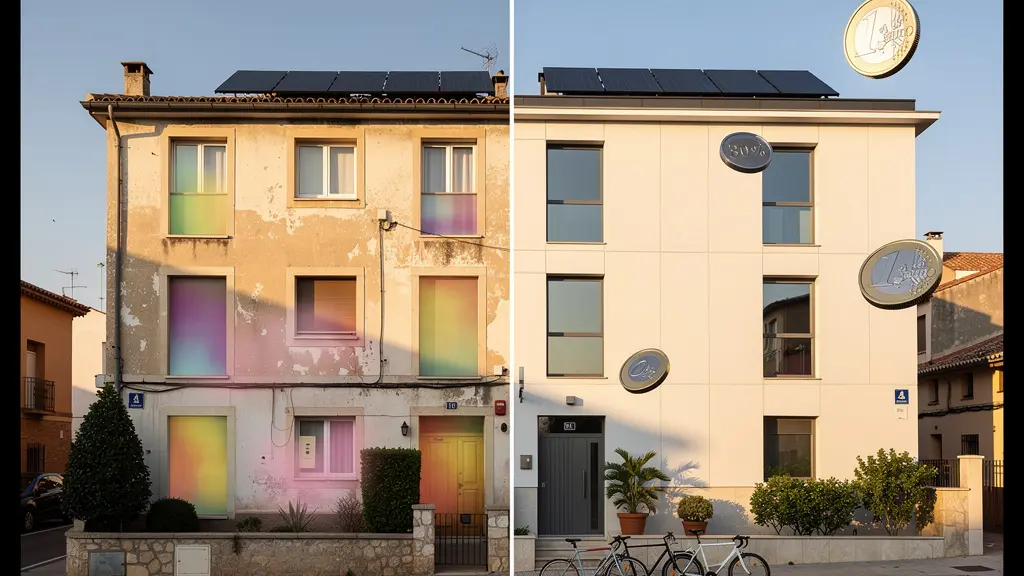 Edificio residencial español moderno con paneles solares y aislamiento térmico exterior que muestra la transformación energética