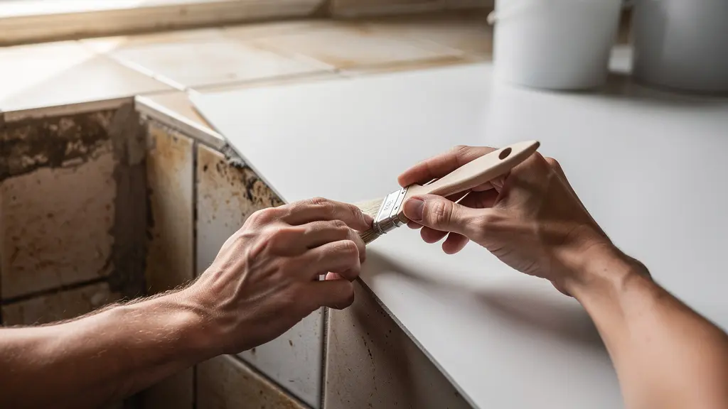 Comparación de azulejos renovados con pintura especial mostrando acabado profesional