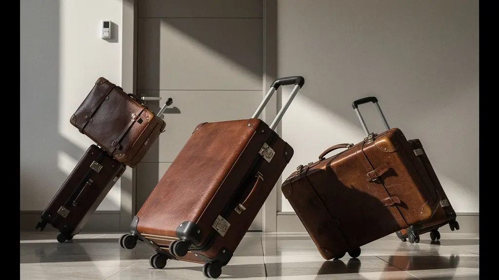 Composición minimalista de múltiples maletas ejecutivas en diferentes posiciones sobre fondo neutro