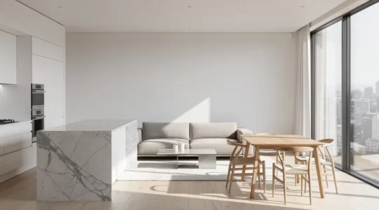 Espacio de concepto abierto con cocina integrada al salón, amplias ventanas y diseño minimalista