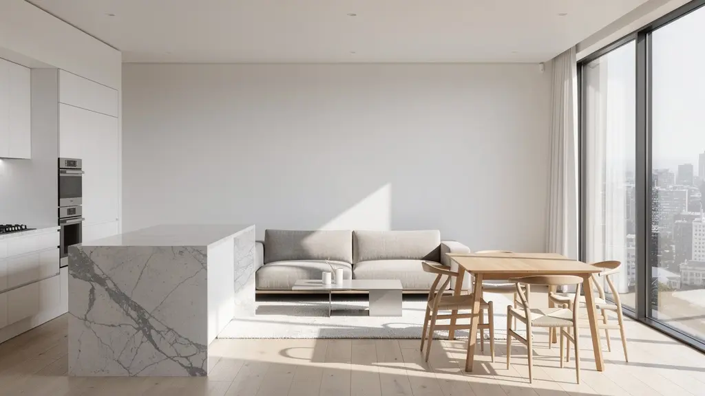 Espacio de concepto abierto con cocina integrada al salón, amplias ventanas y diseño minimalista