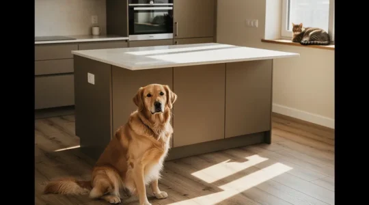 Cocina moderna con suelos cerámicos y encimera de cuarzo resistentes a mascotas