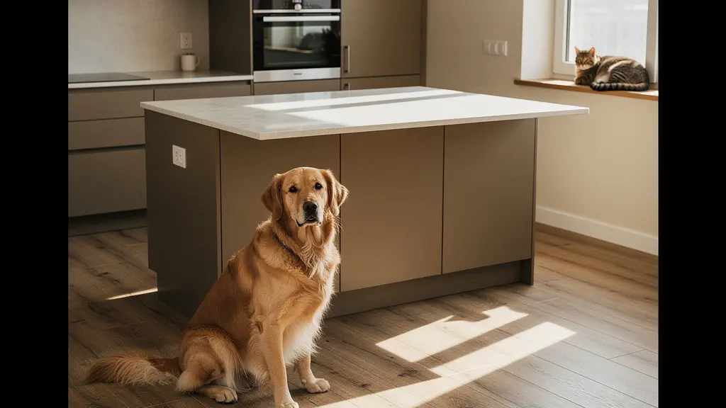 Cocina moderna con suelos cerámicos y encimera de cuarzo resistentes a mascotas