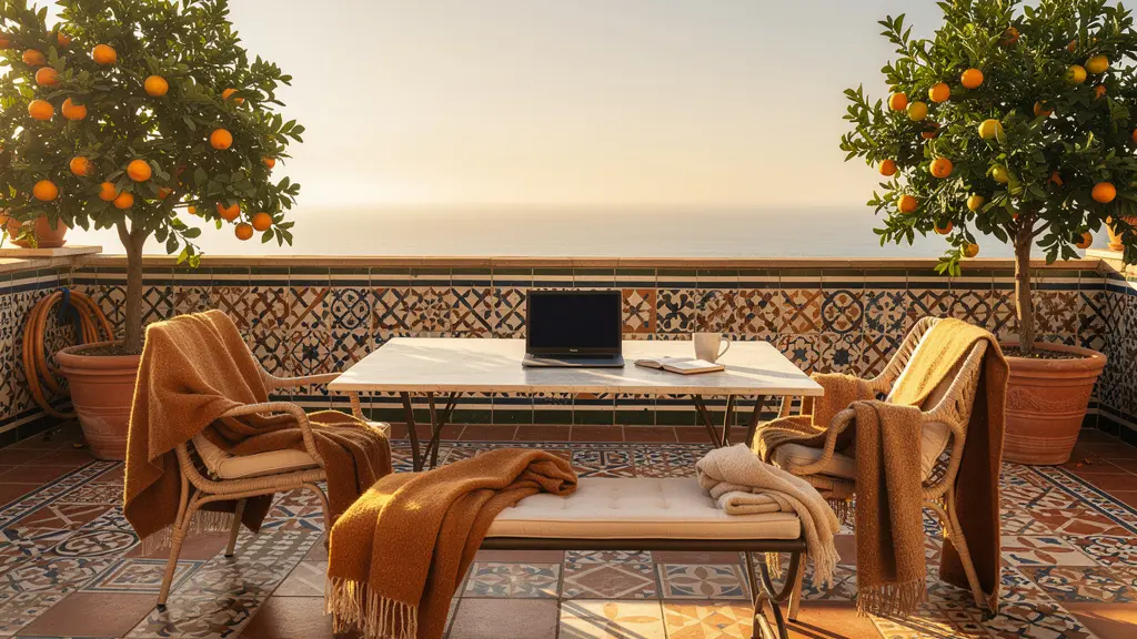Terraza soleada mediterránea preparada para teletrabajo en invierno