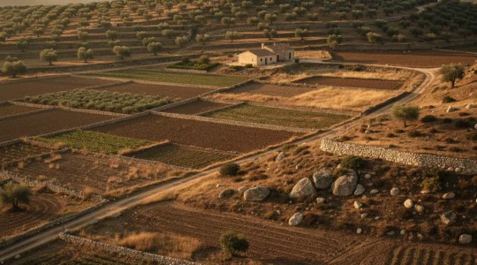 Vista aérea de terreno rústico con parcelas agrícolas y construcciones rurales en España
