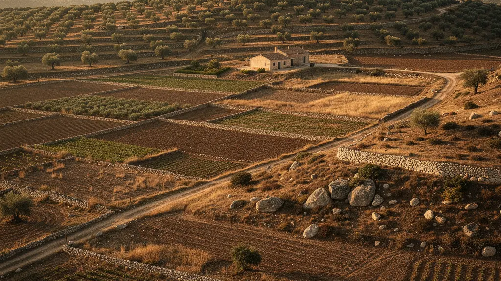 Vista aérea de terreno rústico con parcelas agrícolas y construcciones rurales en España
