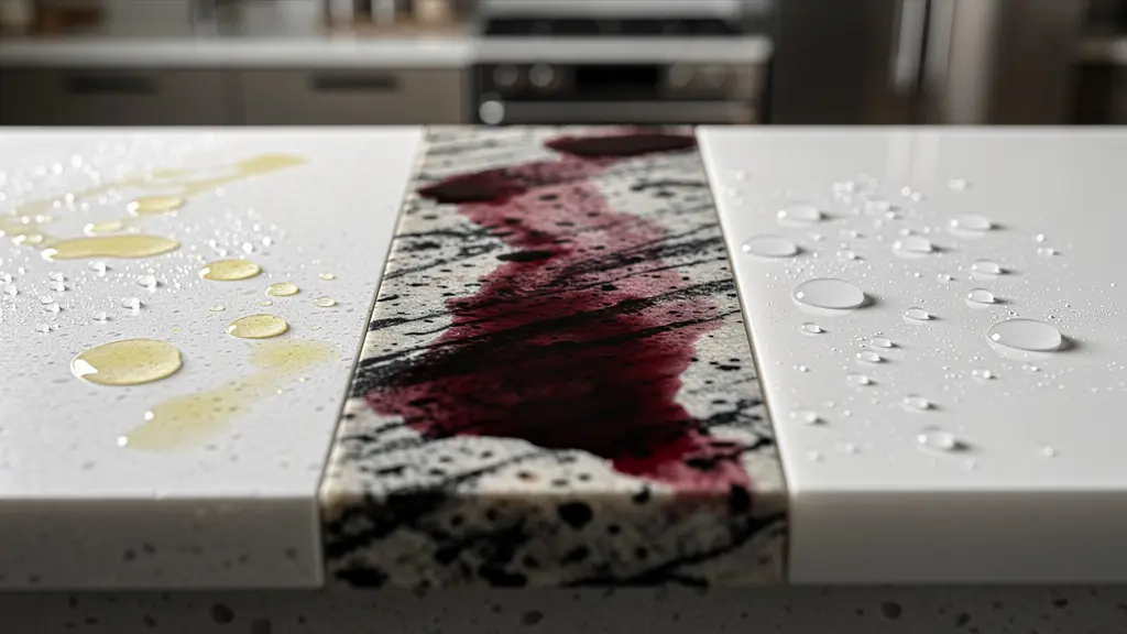 Prueba de resistencia de materiales de encimera con limón y vino