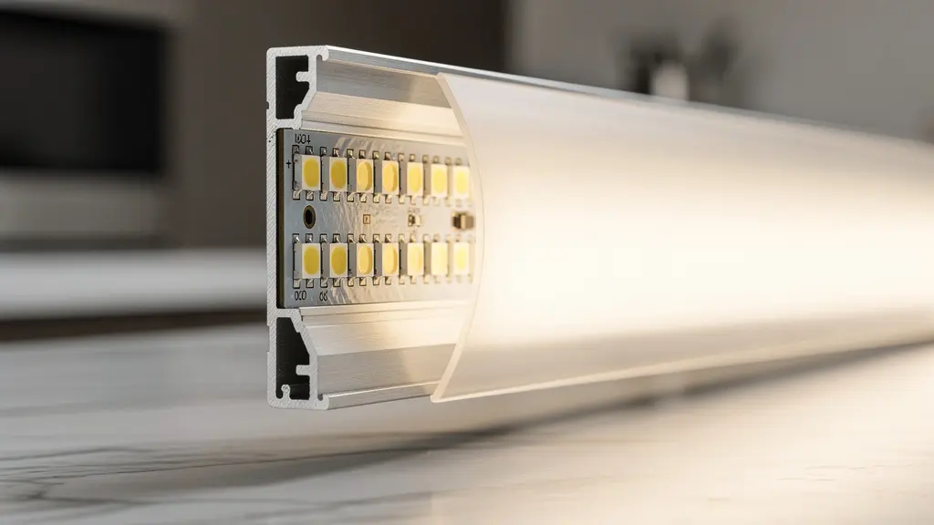 Detalle de perfil de aluminio con difusor opal mostrando tira LED instalada para iluminación indirecta uniforme