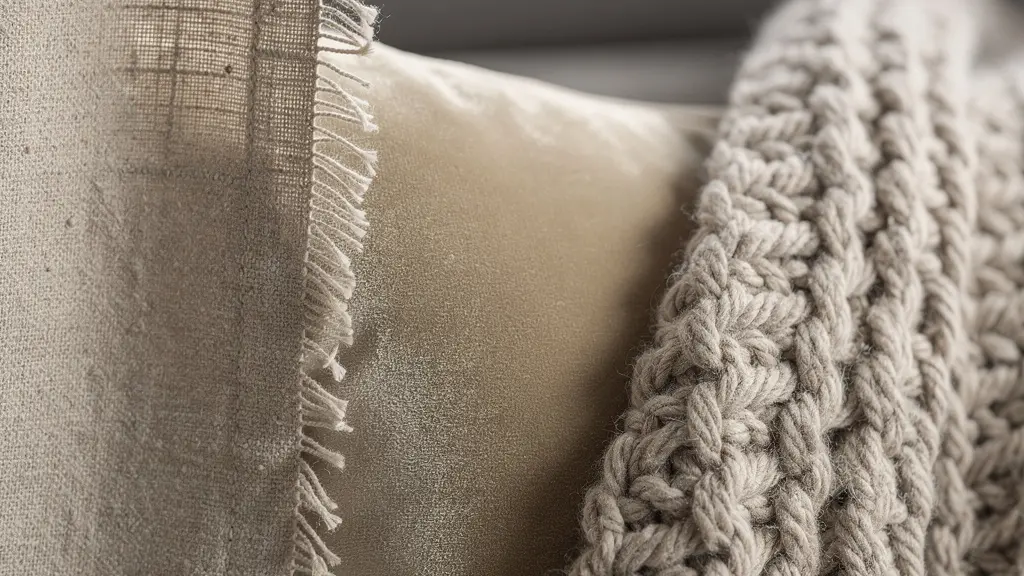 Salón transformado con textiles neutros, cojines texturizados, una manta plaid y una alfombra de yute, creando un ambiente cálido y acogedor.